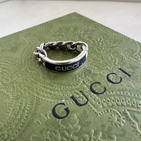New Gucci Logo Chain Ring Silver Black Enamel Sz 12 IT 6 US - Picture 6 of 10